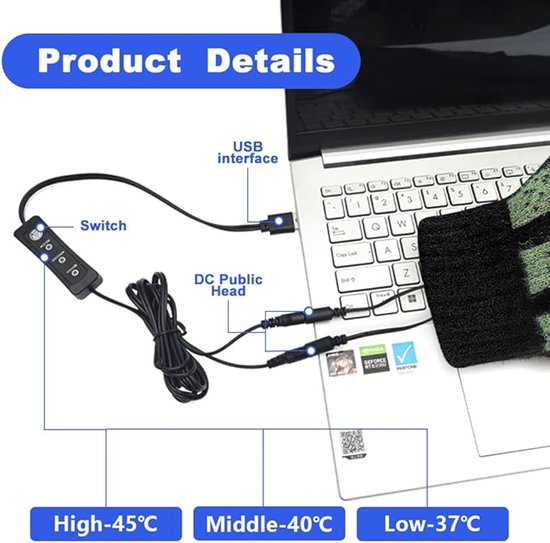 Detail van de USB-interface, schakelaar en DC-aansluiting van verwarmde handschoenen met temperatuurinstellingen.