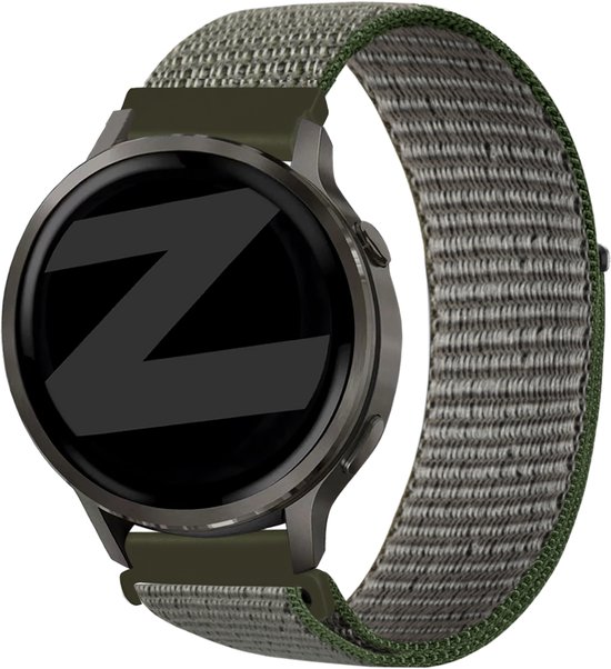 Olijfgroen nylon horlogebandje met textuur om smartwatch met donkergroene bandbevestiging.