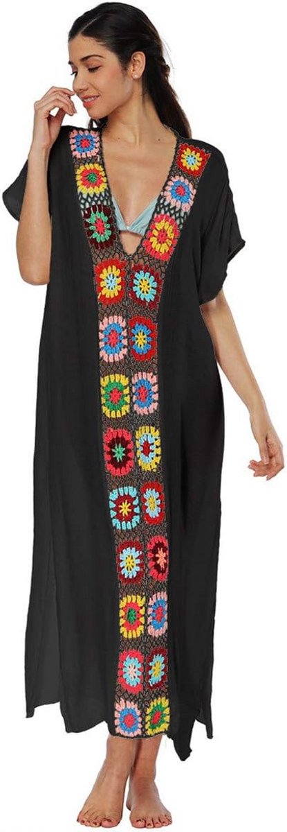 Zomerjurk voor dames met V-hals en gebreide bloemen, perfect voor strand en vakantie