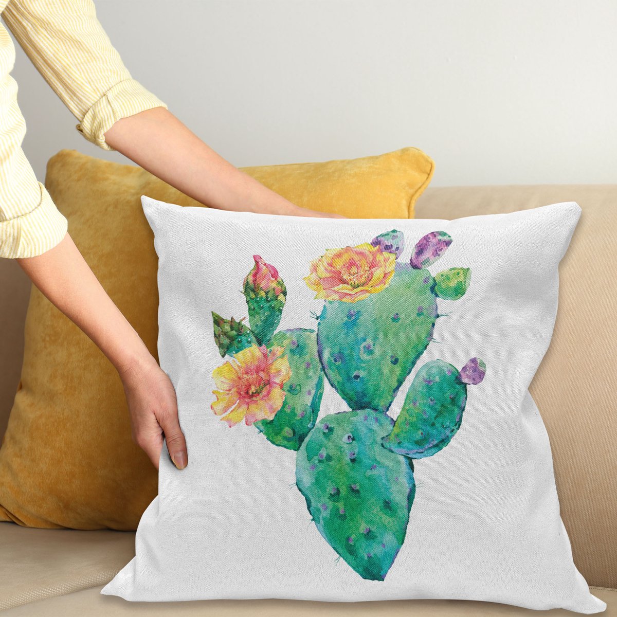 ABAKUHAUS Kussenhoes – Kaktus met bloemen – 45x45 cm – water- en vuilafstotend, digitaal gedrukt Meerkleurig