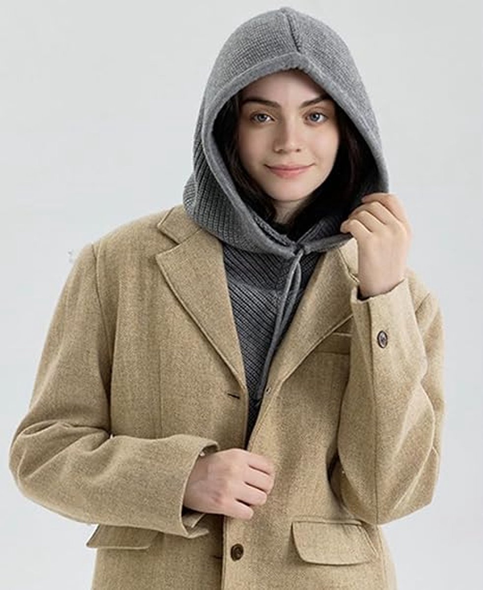 Muts -Warme muts - Wintermuts dames - Gebreide muts -Winter warme -Gebreide Muts Dames -2-in-1 Capuchonsjaal - Wintermuts Zonder Rand - Gebreide Haakmuts Sjaalset - Perfect voor Feestdecoratie - Kerstcadeau - Kerst - Middelgrijs - Pasen — cadeau in Mode & Accessoires - foto 4