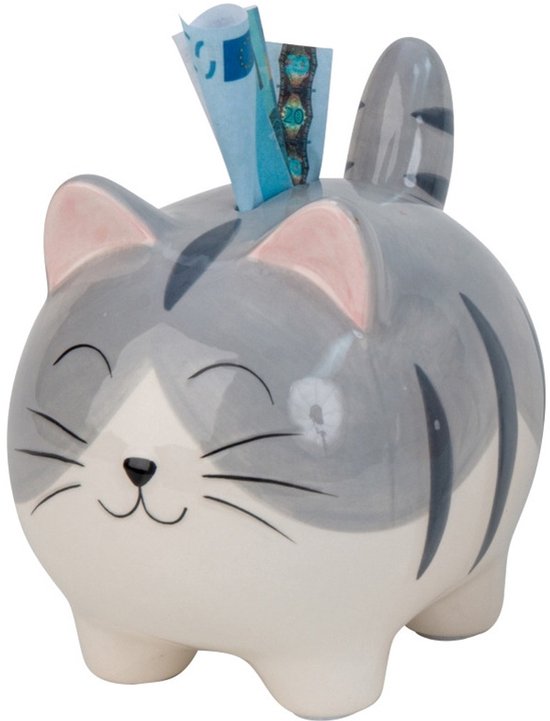 Tirelire grise en forme de chat avec oreilles roses, rayures grises et billets en euros dans la fente.