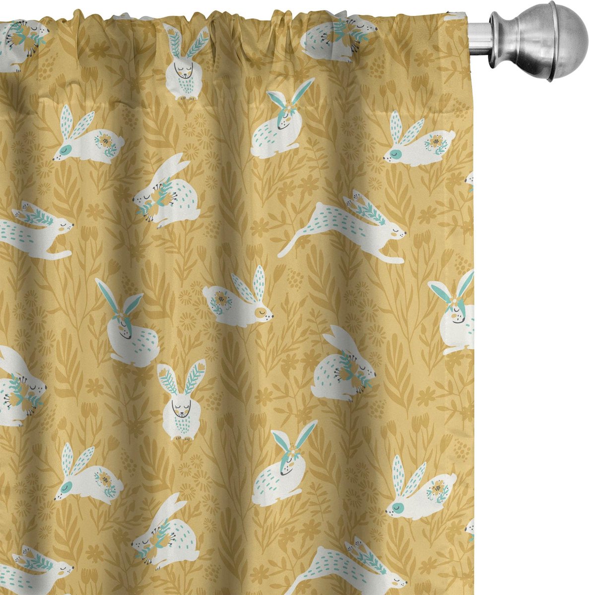 ABAKUHAUS Hase gordijnen – 2x75x245 cm – microvezel, halfverduisterend, digitaal bedrukt – roedezak 6,5 cm – mosterd, zeeschuimgroen, wit