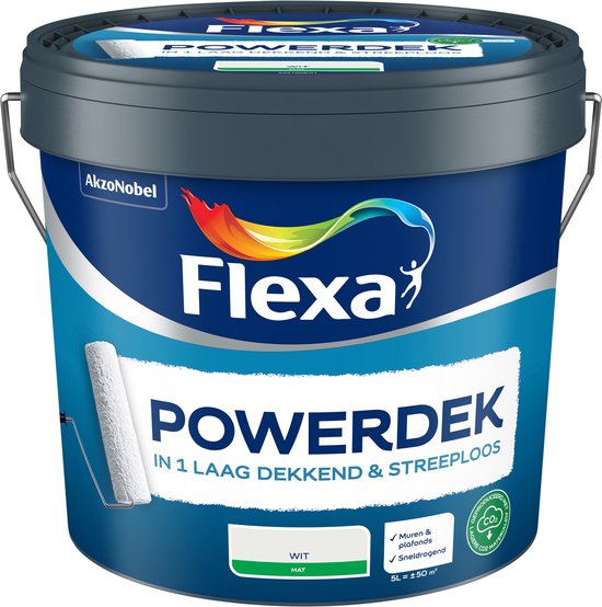 Flexa - Powerdek Muren & Plafonds - Wit - 5 Liter - 50m2 - In 1 laag dekkend & streeploos resultaat - Sneldrogend - Geproduceerd met (hernieuwbare) biobased grondstoffen