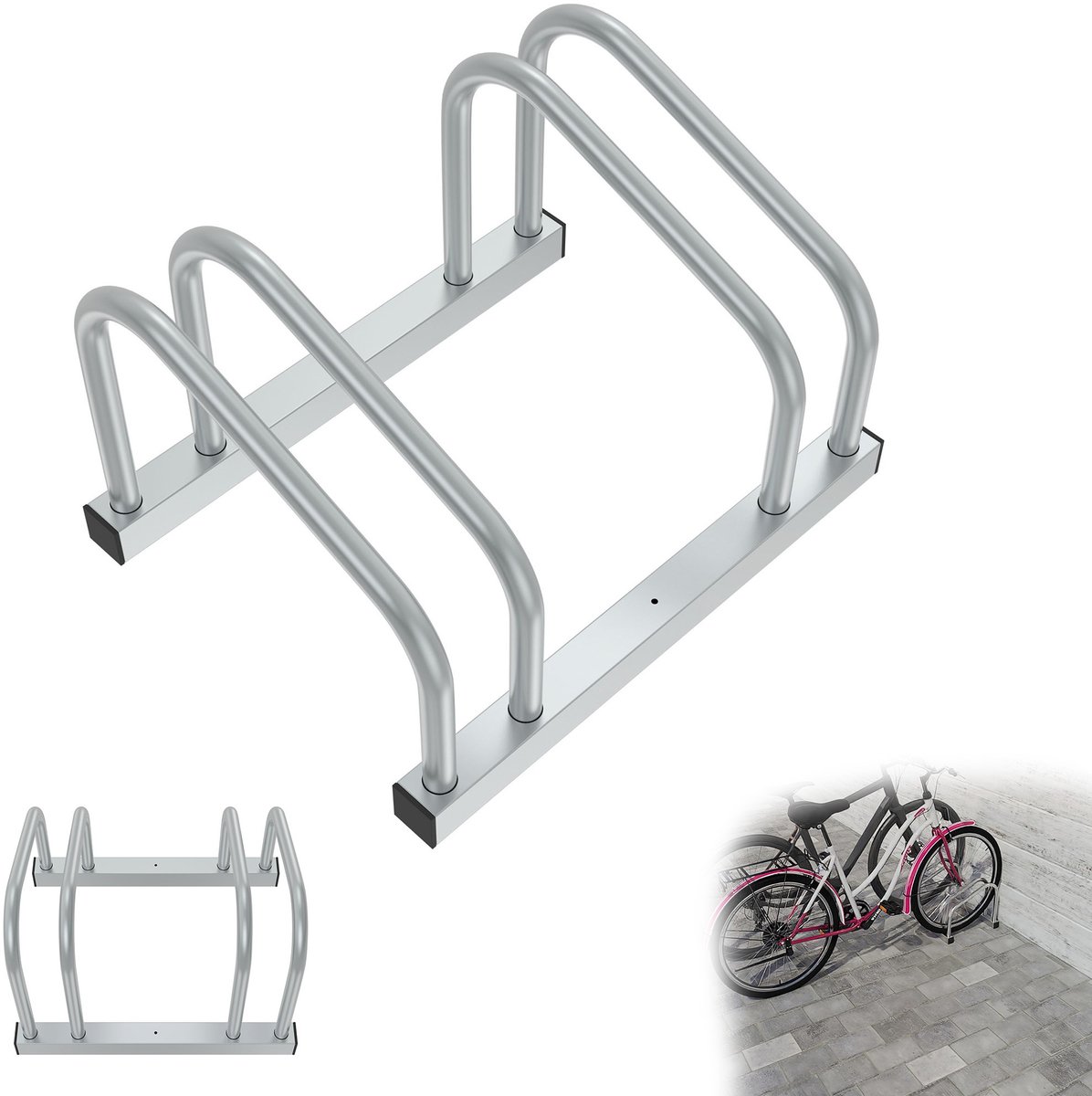 Professionele fietsenrek voor 2 fietsen Metalen meervoudig rek Opstelrek Fietshouder voor e-bikes en bakfietsen (37 cm afstand) voor bandenbreedte van 30-65 mm Eenvoudige montage aan muur/vloer Zilver