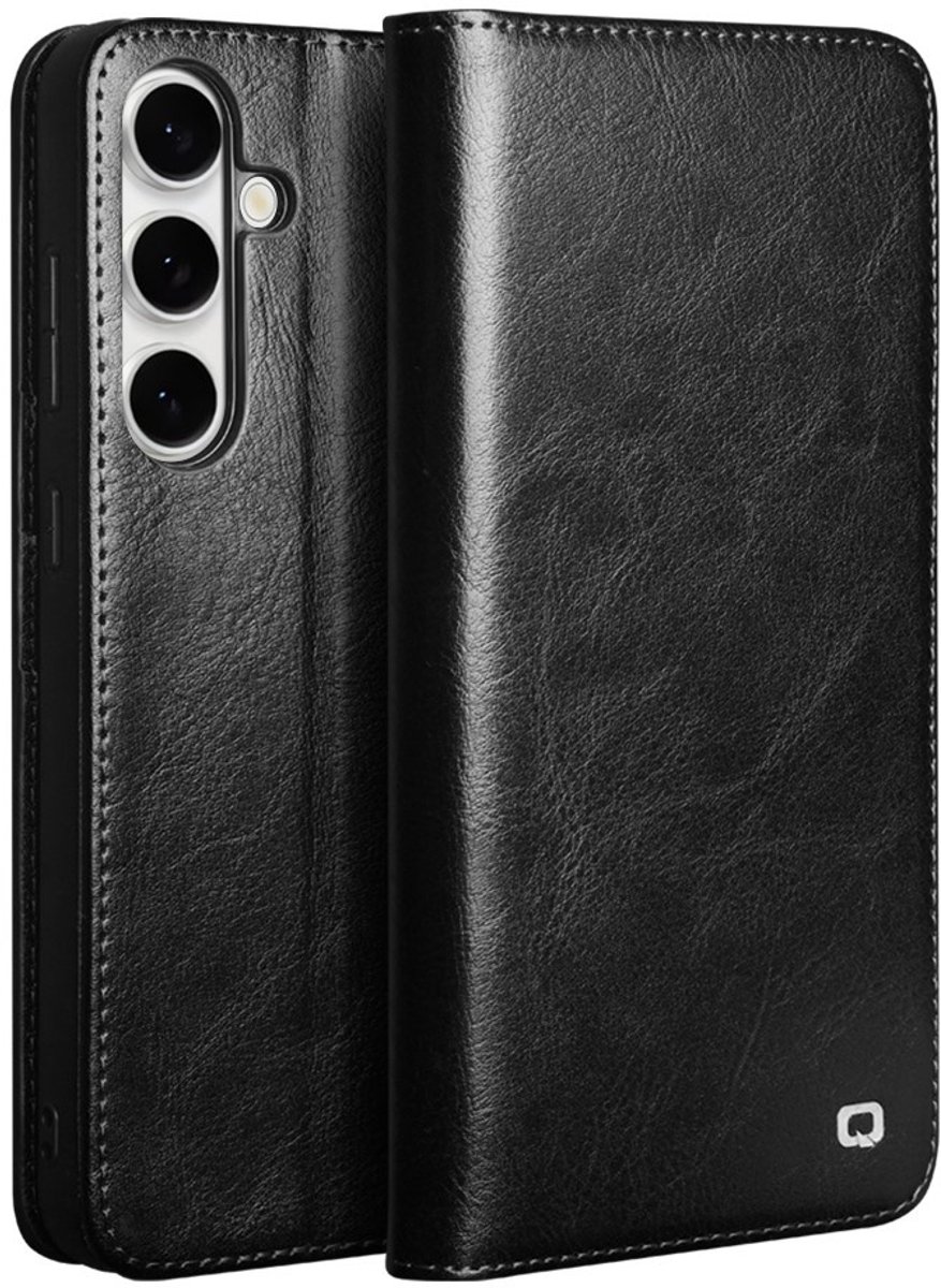 Qialino Geschikt voor Samsung Galaxy S25 FE hoesje - Leren bookcase - Zwart
