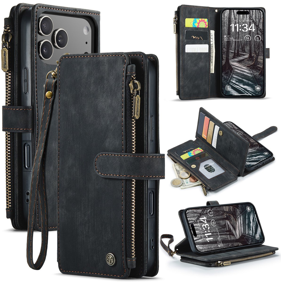 Caseme Geschikt voor iPhone 17 Pro Max PU leren hoesje - portemonnee - Zwart