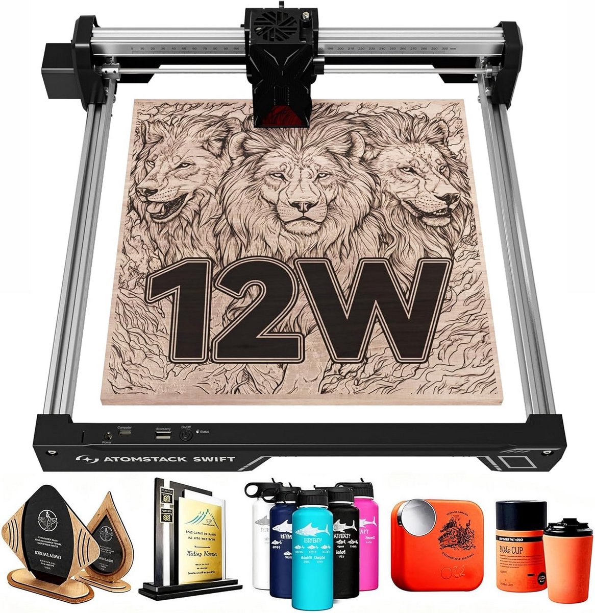 ATOMSTACK Swift 12W Lasergraveermachine – voor beginners – 300×300mm werkgebied–hoge precisie & snelle gravure – ideaal voor hout en metaal–DIY & creatieve projecten