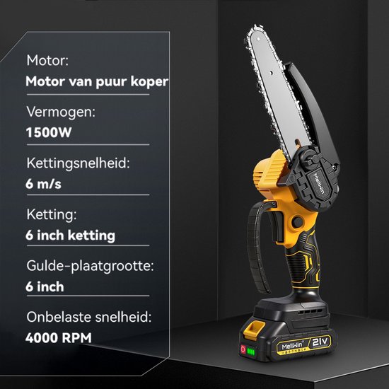 MellWin Accu Kettingzaag - 15 cm Mini Kettingzaag - met 2x Accu's - 1500W Handkettingzaag - Snoeizaag - Takkenzaag - Automatische Smeermachine van MellWin — afbeelding 2
