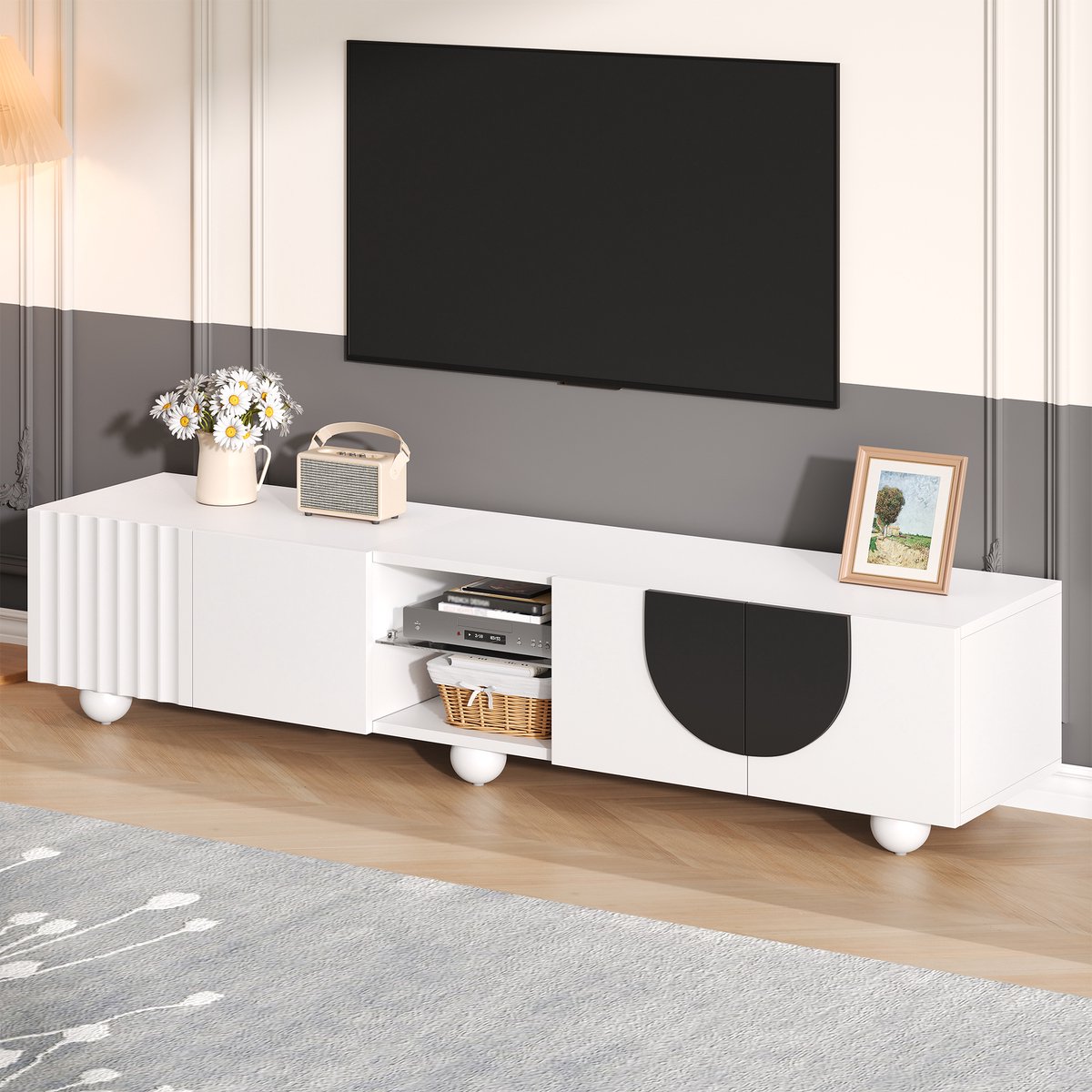 OKWISH TV-Kast – Modern Minimalistisch – 2 Deuren + Open Middenvak – Met Push-to-Open (Zon