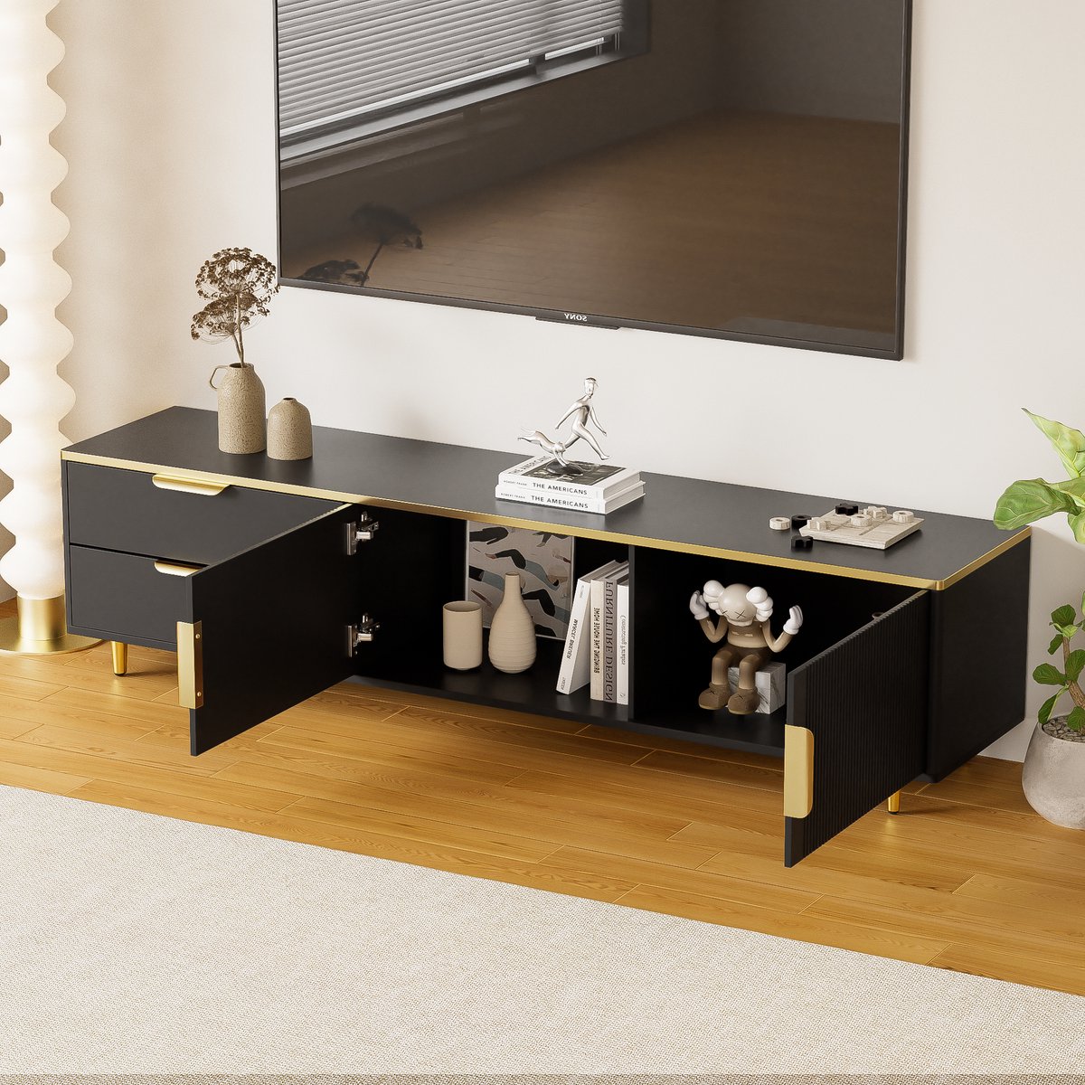 REDOM - TV-meubel - modern ontwerp - met lades en deuren - 175 cm x 40 cm x 45 cm - Black
