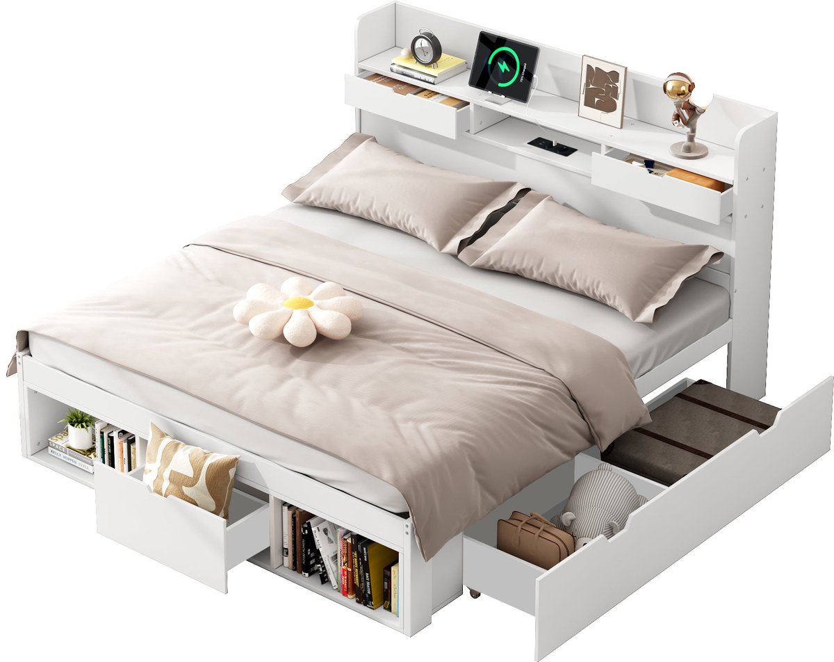 Merax Bed 135x190 cm - USB Laadpunt - Opbergruimte - Lade - Planken in Hoofdbord - Houten Lattenbodem - Wit - Zonder Matras