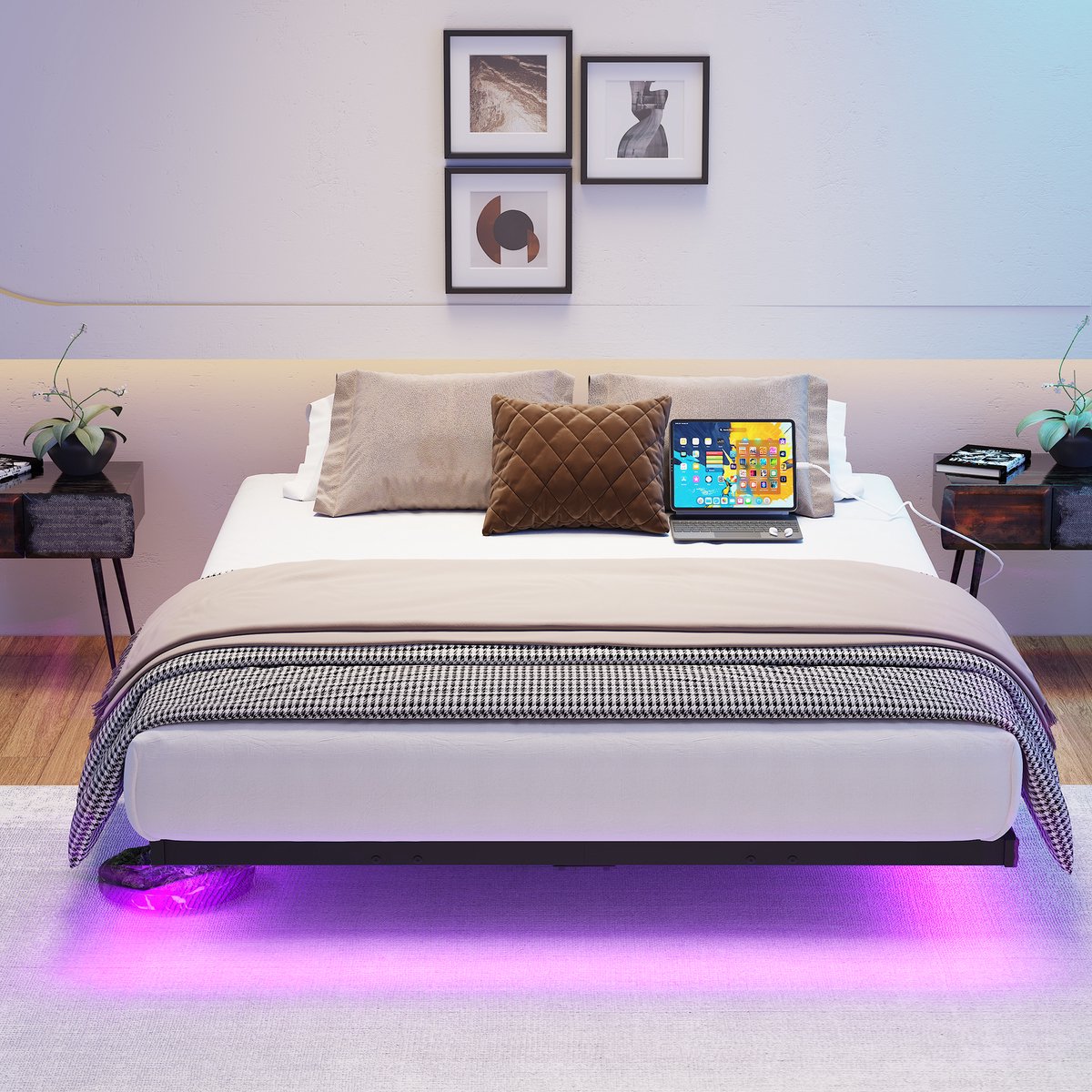 Clruro Bedframe - 120x200 cm - Zwevend met LED en Laadstation - Inclusief Lattenbodem - Metaal - Zwart