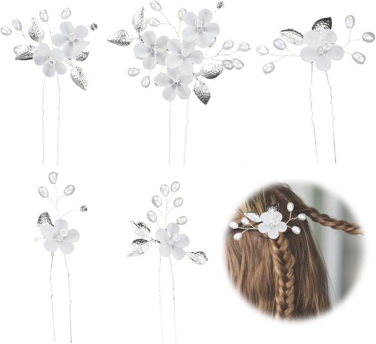Haarspelden voor Bruiloft - U-vormige Decoraties met Bloemen en Parels - 5 Stuks