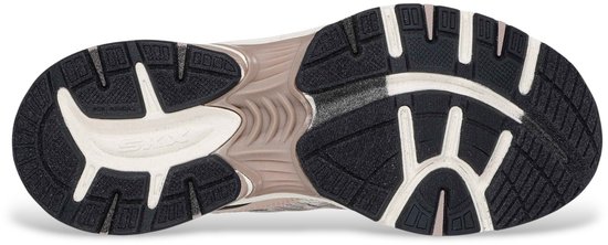 Zool van roze Skechers sneaker, met beige en zwart profiel.