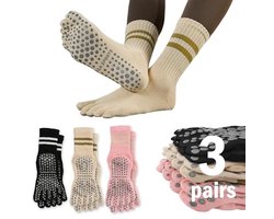 Antislip Yoga en Pilates Sokker - Zweetabsorberend, Ademend en Stevig - 3 Paar in Roze, Zwart en Beige
