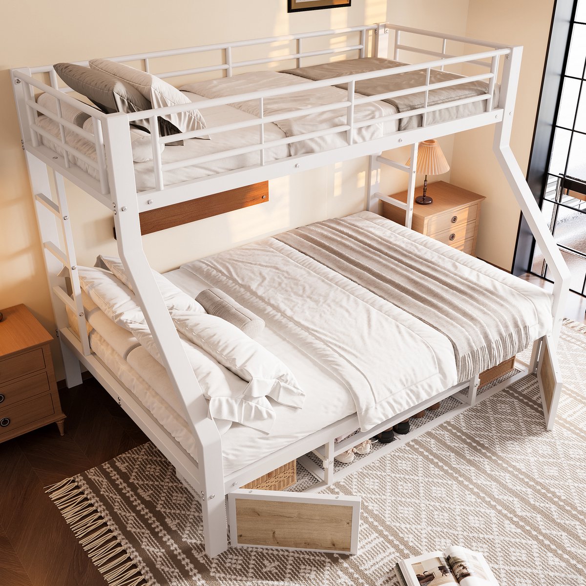 STILVORA Stapelbed 90x200/140x200 cm - Met Schoenkast & Opbergvakken - Veiligheidshekken En Ladder Voor Gezinnen - Metaal;MDF - Wit - Zonder matras