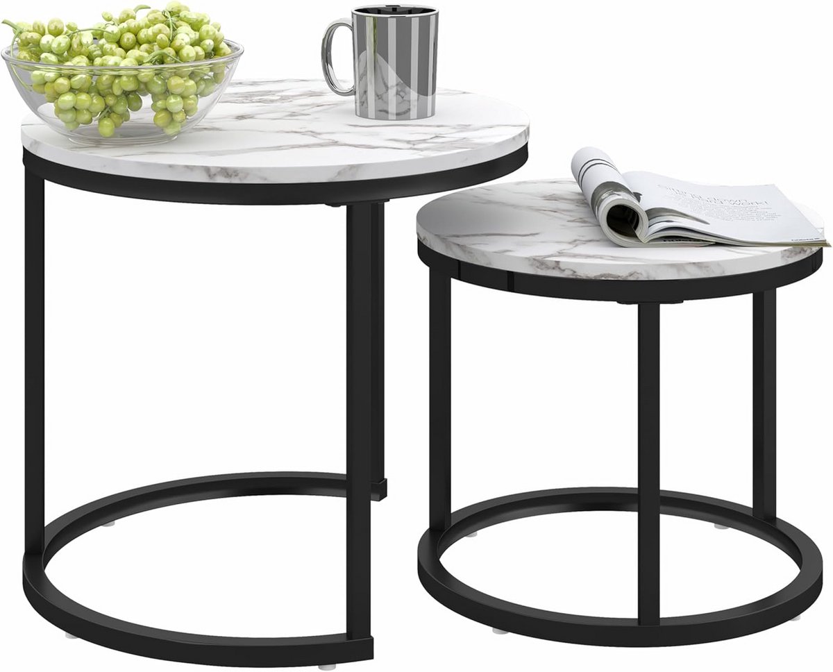 Set van 2 ronde bijzettafels - Moderne witte salontafels voor woonkamer - 50 cm + 40 cm
