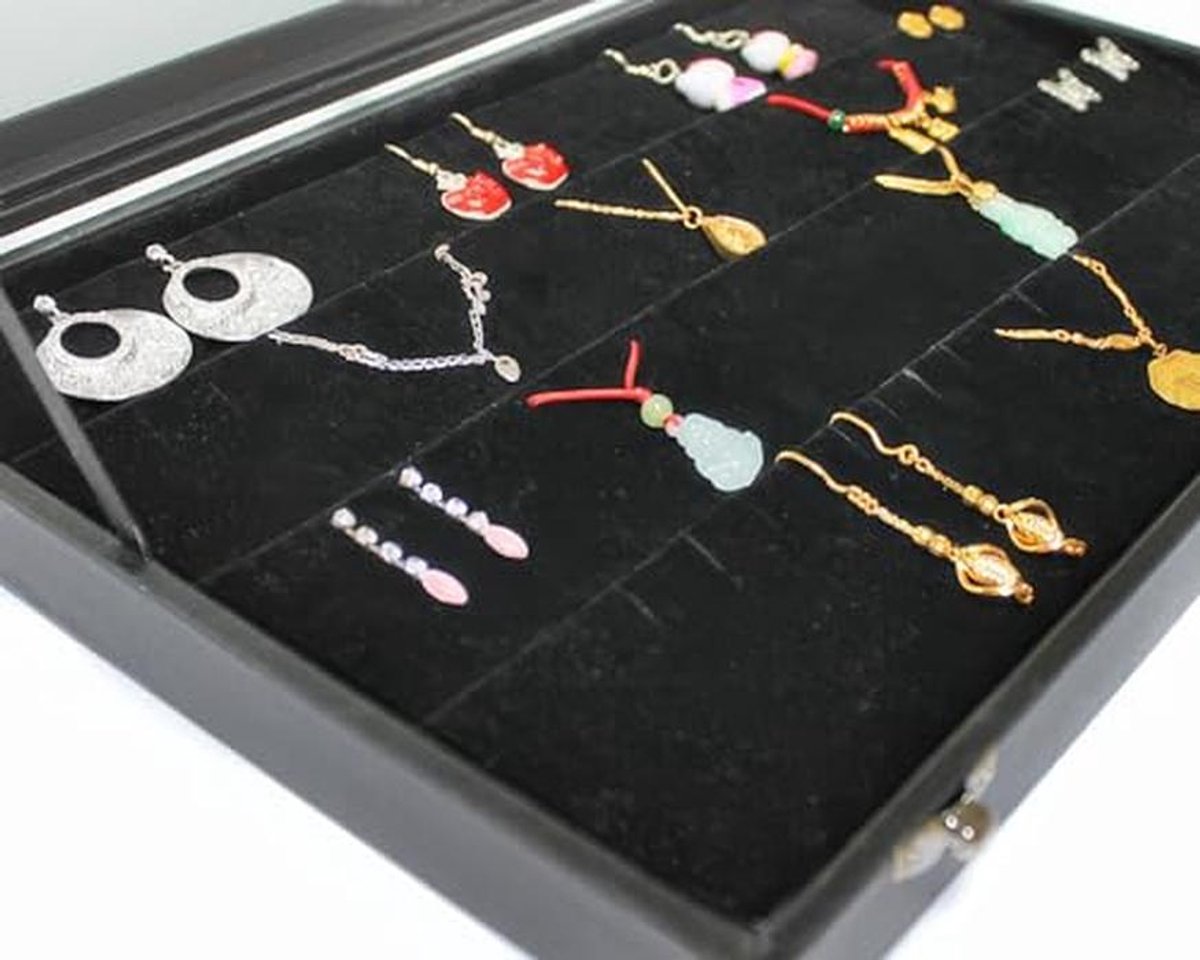 Sieradendoos met Glazen Deksel voor Oorbellen en Hangers - Zwart