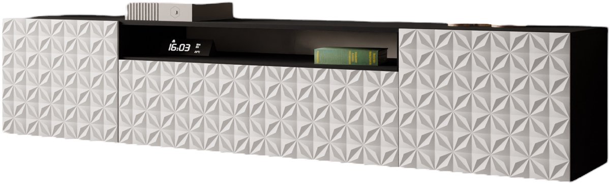Margaret Hadas24 TV-kast Cali, woonwand, lowboard, tv-standaard, woonwand, woonkamer, tv-meubel, woonkamermeubels, televisie, highboard, TV-kast, tv-lowboard, 200 cm, 3 deuren, zwart, wit