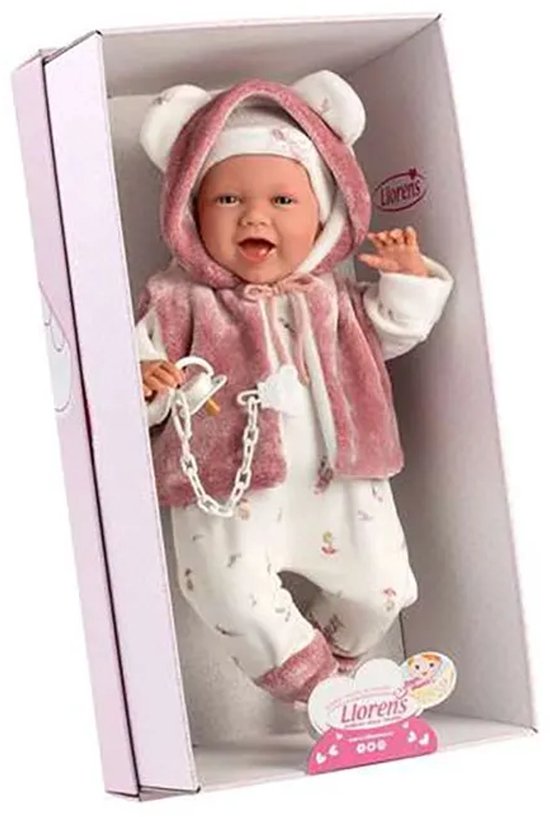 Babypop Mimi in roze met witte berenjas, met speen en in een roze doos.