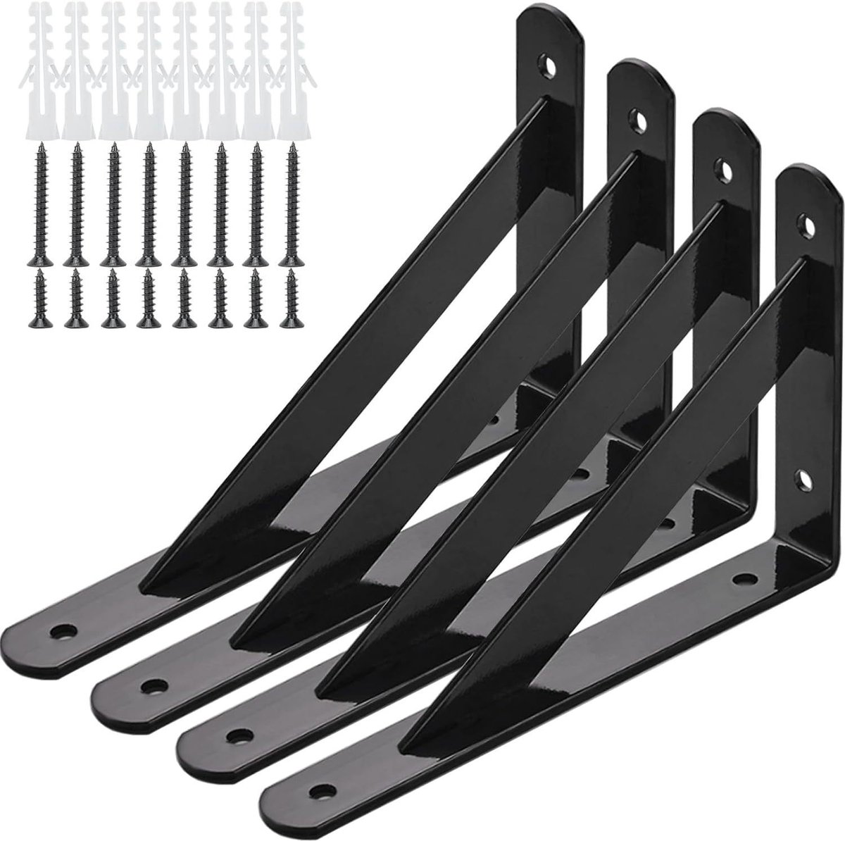 4-delige, robuuste plankdrager, 150*95 mm L-vormige ijzeren wandbeugel met schroeven, geschikt voor zwevende planken, opbergrekken en vaste scheidingswandframes, zwart.