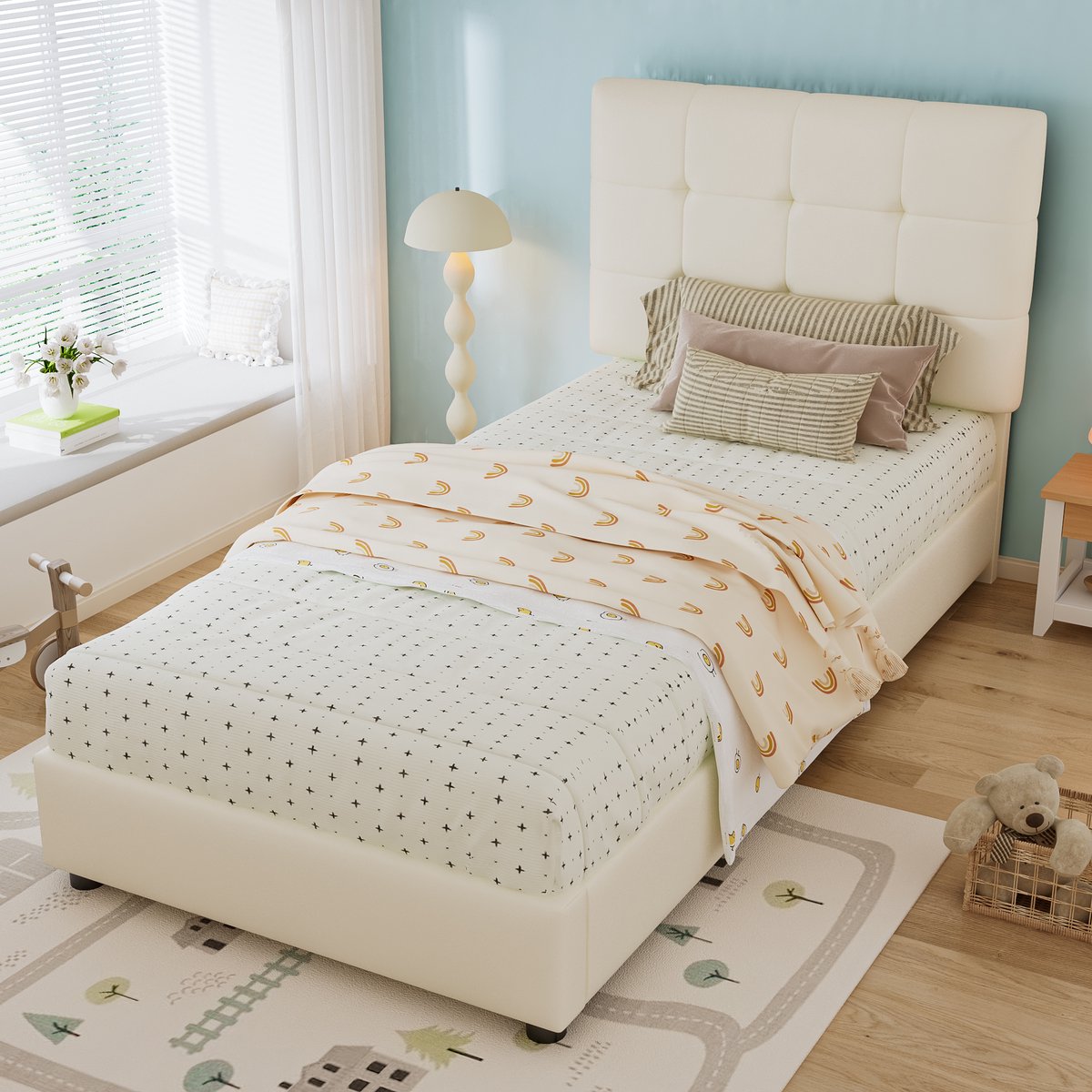 Clruro Eenpersoonsbedden - 90x200cm - Gestoffeerd Kinderbed - Zachte Rugleuning + Anti-Bots Schuim - Koekvorm Hoofdeinde - PU + IJzer + Schuim + Multiplex - Beige