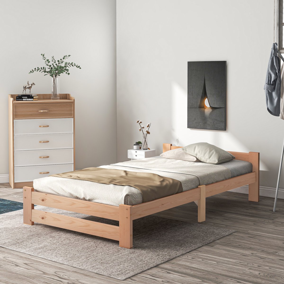 Eenpersoonsbedden - 200x90cm - Solide Massief Houten Futonbed - Met Hoofdeinde en Lattenbodem - Hout - Natuurlijk