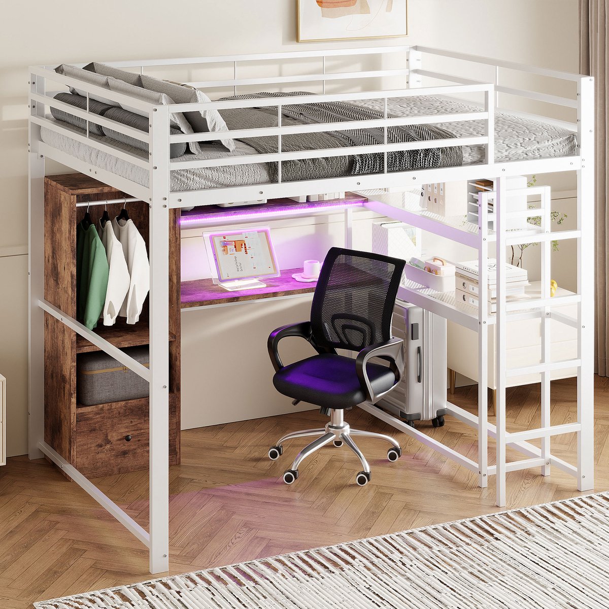 HAUSS SPOLE Hoogslaper 140x200 cm - Bovenbed met LED-Verlichting en Schrijfplek - Met Lade en Planken - Veilig Balustrade - MDF+Metaal - Wit - Zonder matras