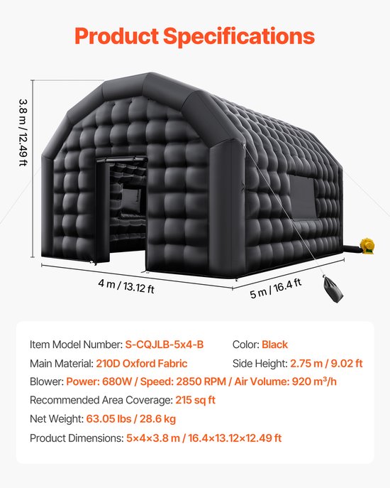 VEVOR Opblaasbare Feesttent 5,4x5x4,25 M, Kubustent voor Discotheek, Paviljoen Bruiloftstent met 680w Blower, Zandzak, 2 Ramen voor Evenementen, Verjaardagen, Bruiloften, Zwart van Vevor — afbeelding 3