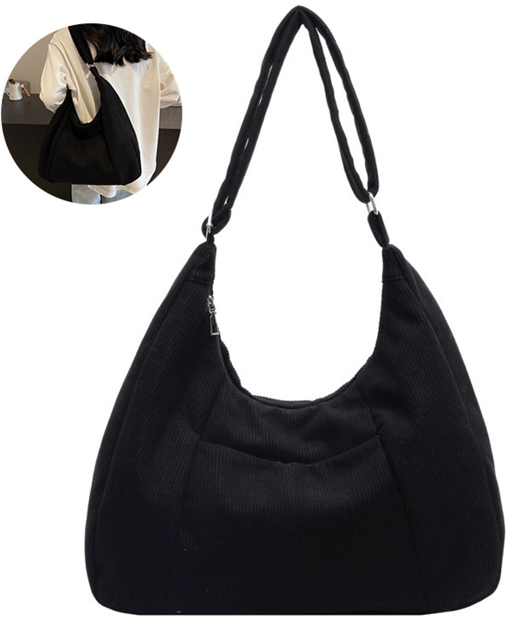 Dames Corduroy Schoudertas - Multifunctionele Halve Maan Tote Bag - Grote Capaciteit Reistas - Zwart (39x44x15cm)