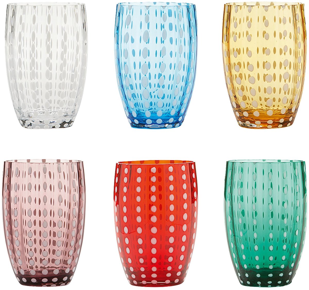 Zafferano Perle Glas gemengde kleuren 2 - Mondgeblazen gekleurd glas, 32 cl, handgemaakt - Set van 6 handgemaakte bekers voor water of cocktails
