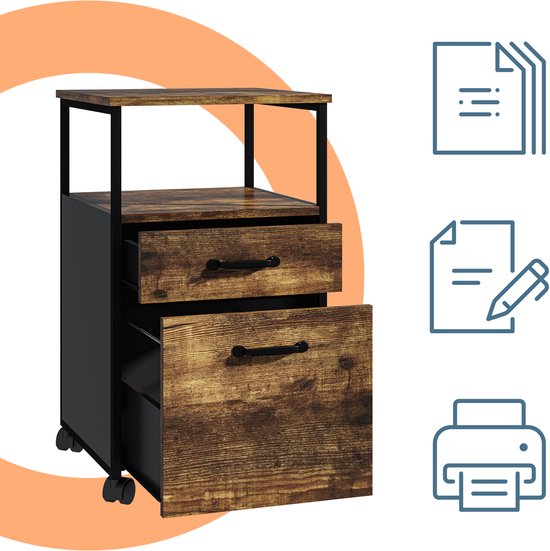 Mobiel archiefkastje met houten ladenfronten en zwarte zijkanten, met icoontjes van documenten en printer.