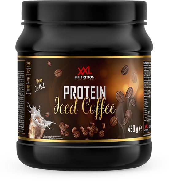 Zwarte pot "PROTEIN Iced Coffee" met koffiebonen en een afbeelding van een glas ijskoffie.