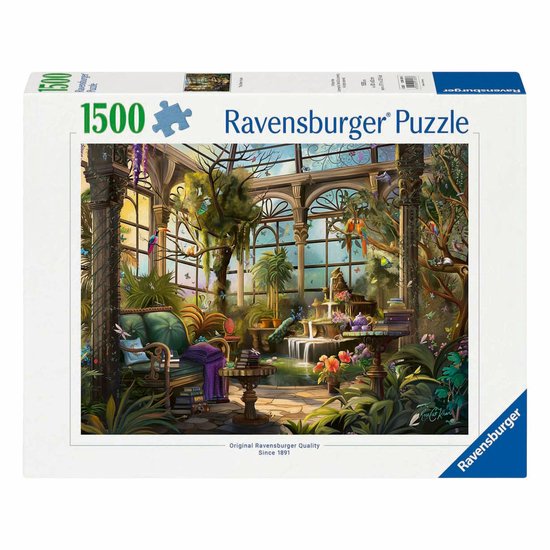 Ravensburger puzzeldoos met 1500 stukjes, met afbeelding van een serre vol planten, papegaaien, pauwen en vlinders.