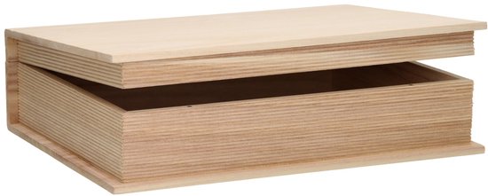 Boîte en bois en forme de livre, partiellement ouverte. Fabriquée en bois clair aux veines apparentes.