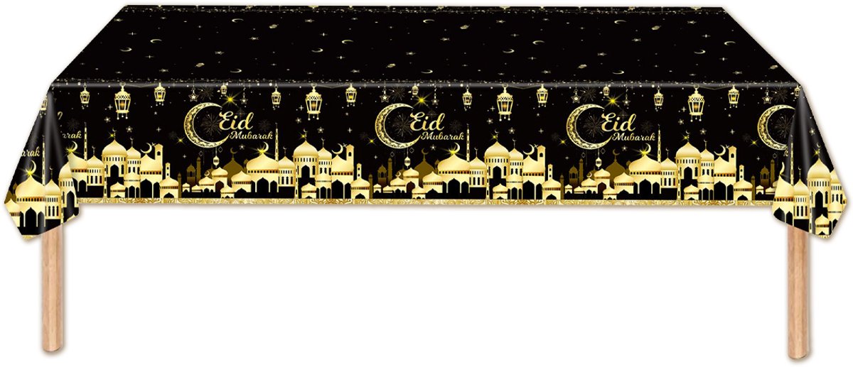 Q2P - Tafelkleed - Ramadan - Decoratie - Eid Mubarak - Tafellaken - Versiering - Zwart & Goud - 137*274 Cm