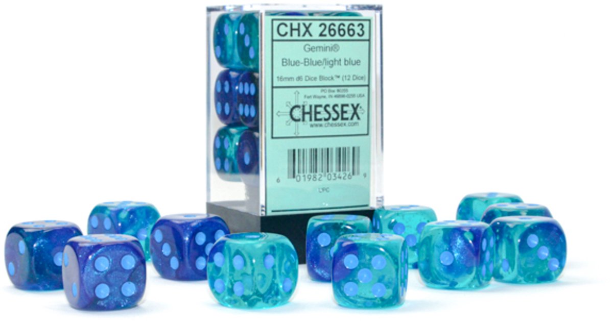 Chessex Gemini Blue-Blue/light blue Luminary D6 16mm Dobbelsteen Set (12 stuks)