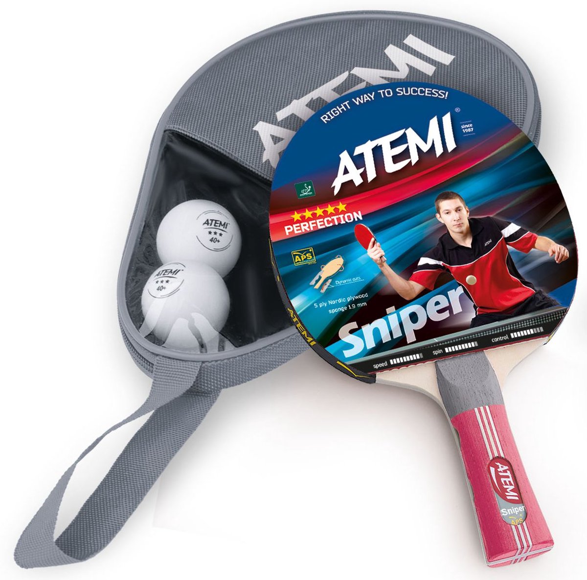 Atemi tafeltennisset Sniper 1 bat met 2x 3-sterren ballen rood.