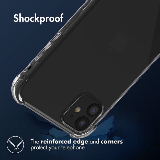 Transparante telefoonhoes met versterkte randen en hoeken. 'Shockproof' en 'The reinforced edge and corners protect your telephone'.
