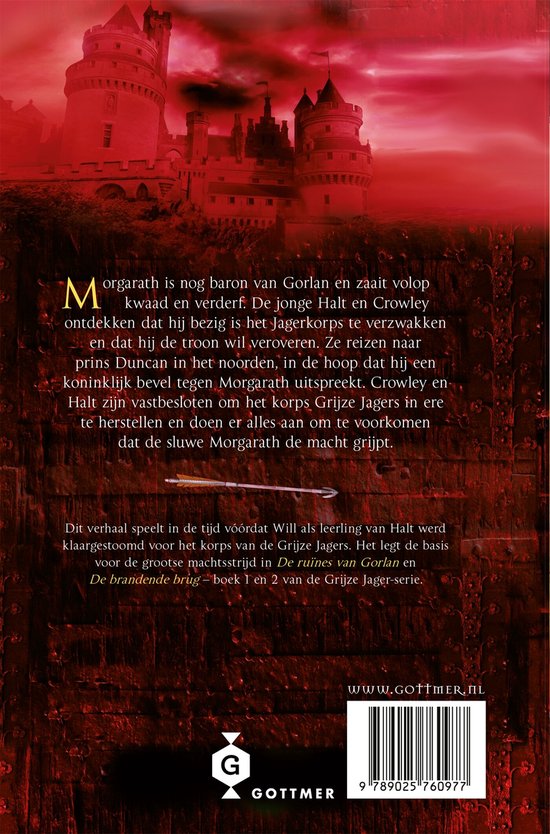 Boekomslag met een rood met gouden kasteel op de achtergrond. De tekst 'De Grijze Jager' staat centraal.