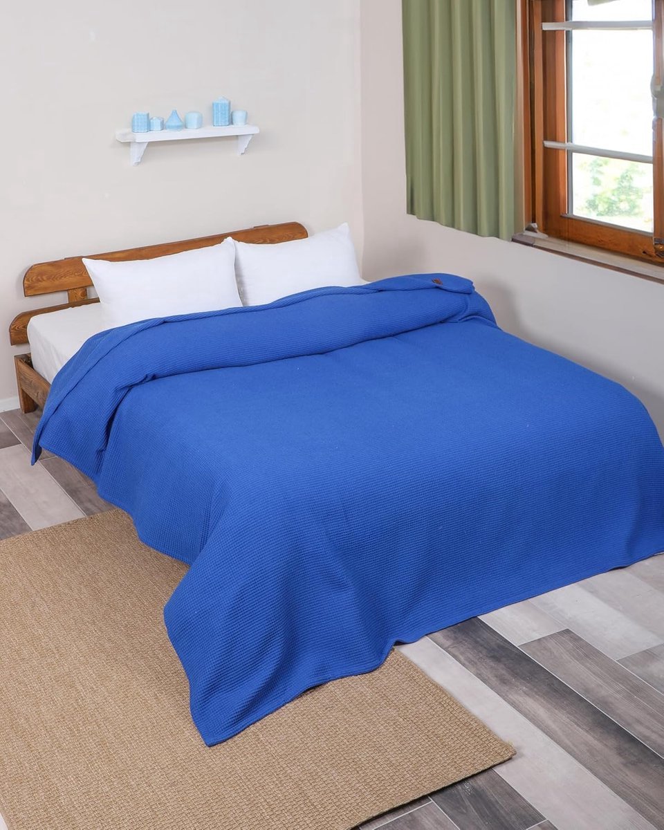 Stunq® Sprei, wafelpiqué, 100% katoen, sofadeken, bedsprei, bankovertrek, omkeerbare deken (blauw, 160 x 220 cm)