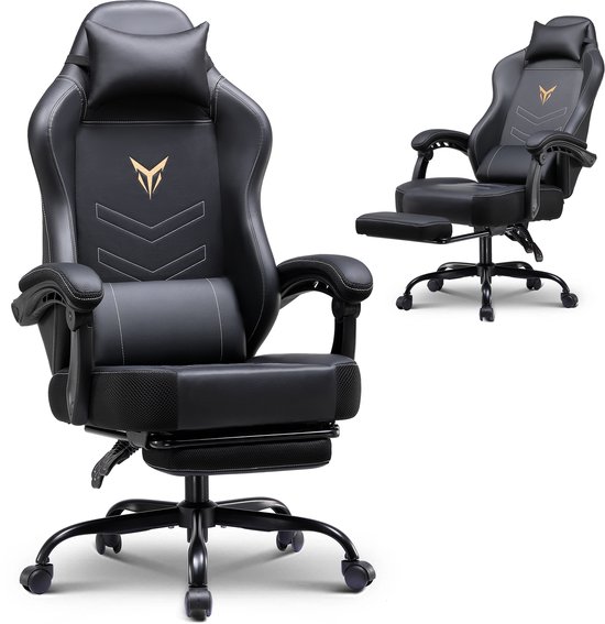 Zwarte ergonomische gamestoel met hoofdsteun, lendenkussen en uitschuifbare voetensteun.