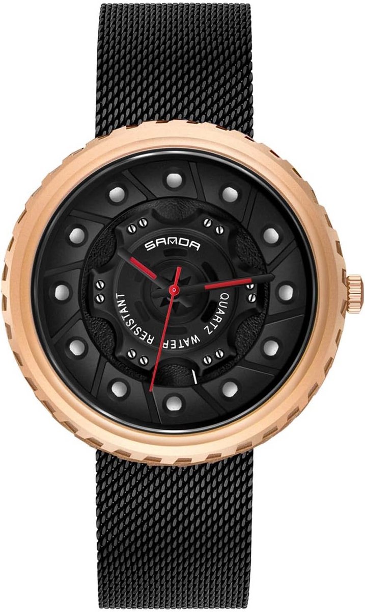 Herenhorloge Analoog Quartz met RVS Milanese Band Waterdicht, Auto Wiel Rand Design