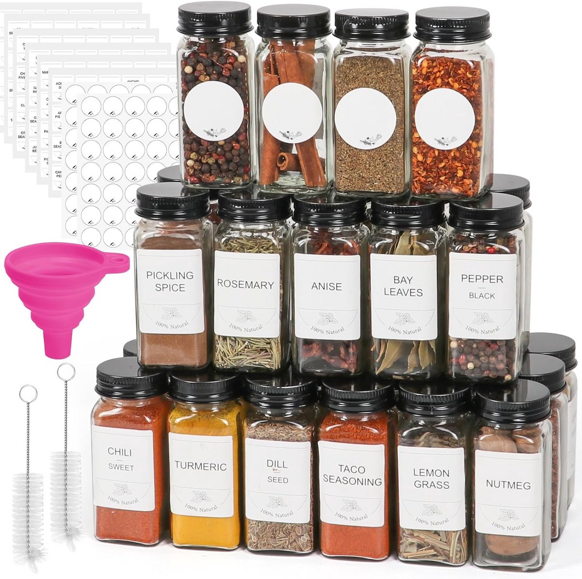 48 Kruidenpotjes Glas met Zwarte Deksel, Etiketten en Shaker, 120ml Kruidenflessen Set