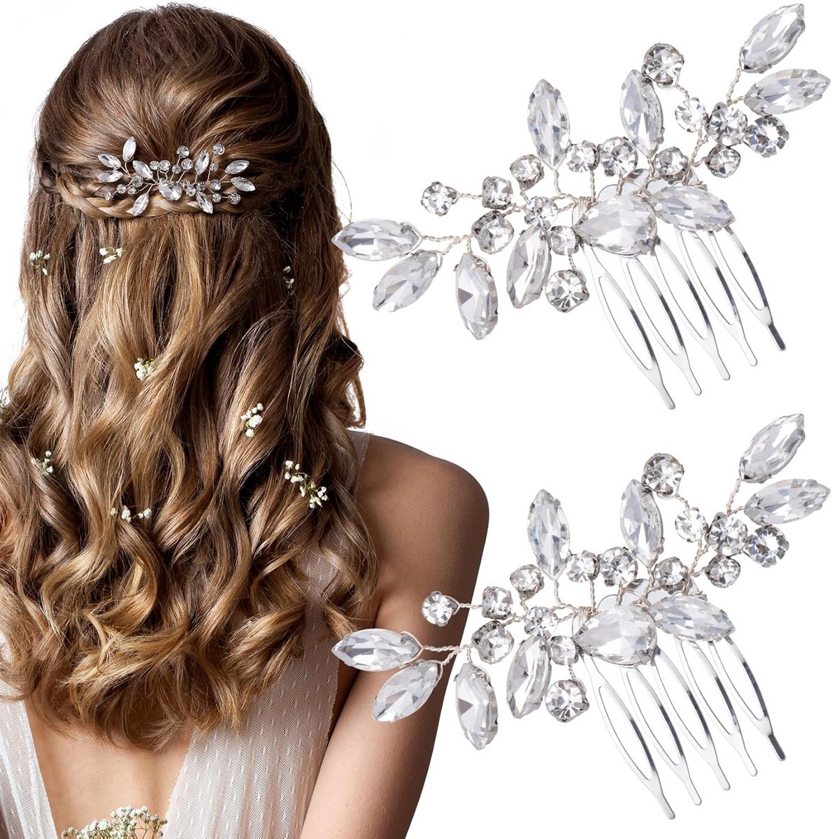 2 Stuks Zilveren Bruidshaarkam met Strass en Kristallen Haaraccessoires