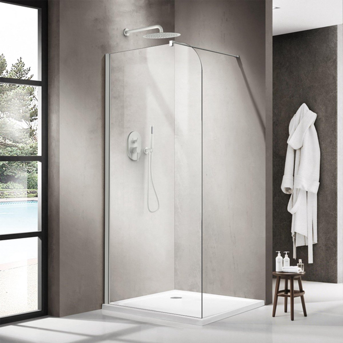 FugaFlow Eccelente Vetro Inloopdouche - 90x200cm - afgeronde glaswand - helder glas - wandarm - mat wit