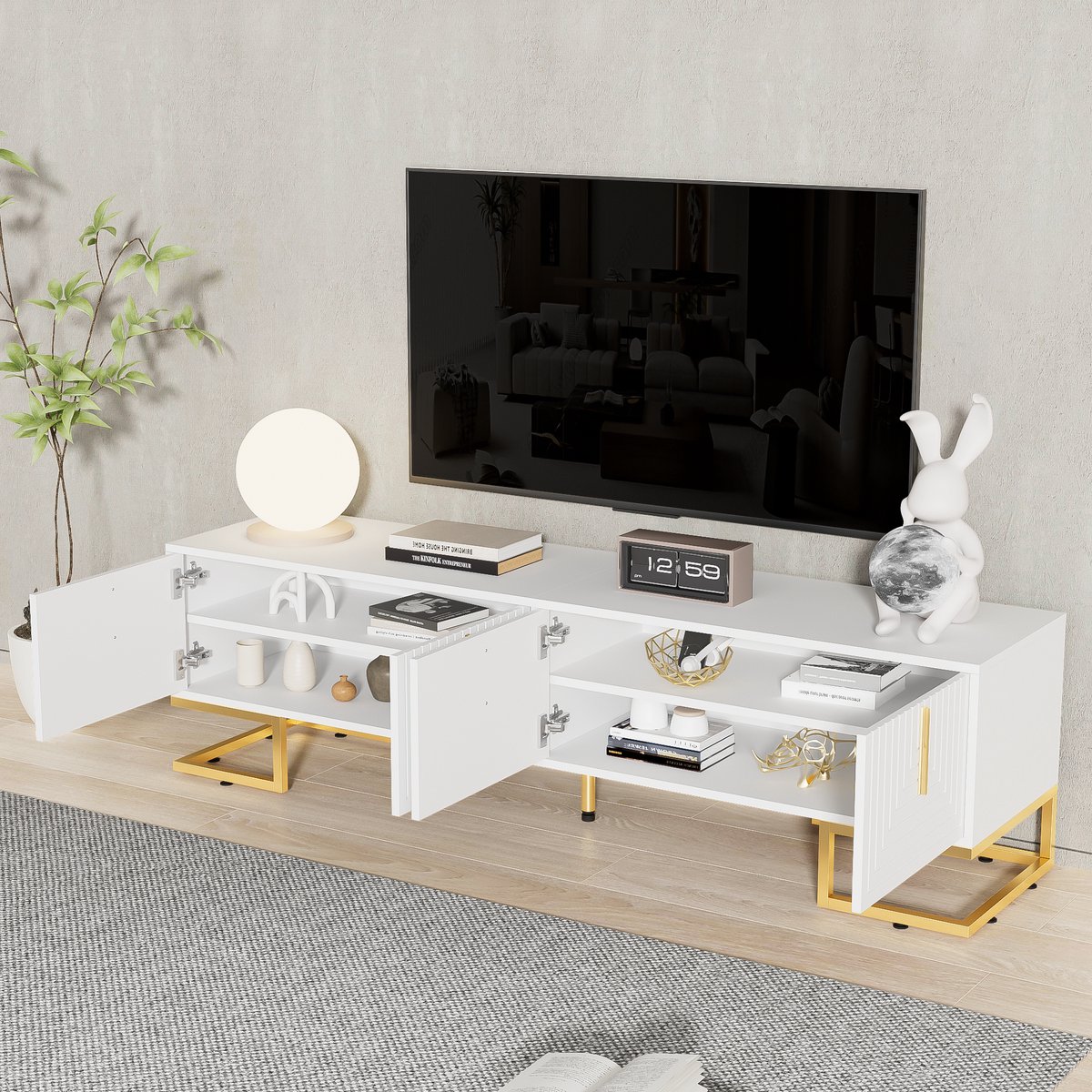 Wishdor Tv-Meubel - Vier Deuren Met Geïntegreerde Planken - Met Puffer-Scharnieren En Verstelbare Poten - Spaanplaat - Wit - 170 x 40 x 45,5 cm