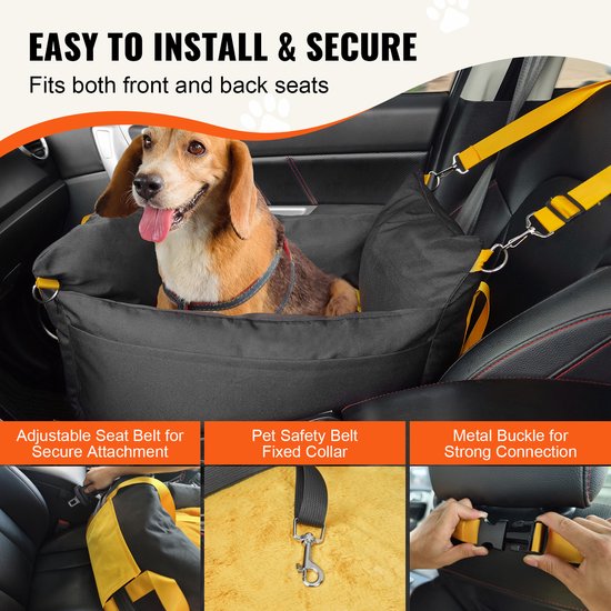 Beagle in een zwarte autostoel met gele accenten in een auto, details van de riemen en gesp.