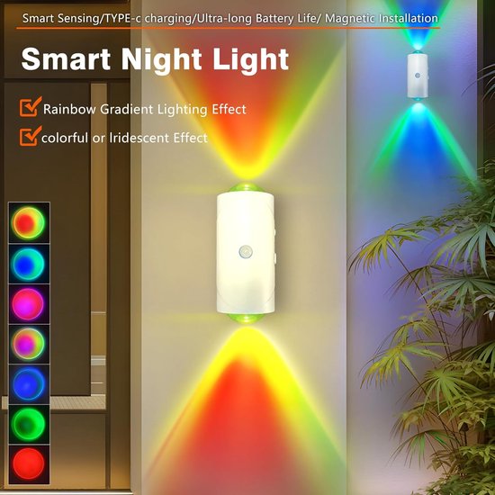 Nachtlampje met bewegingssensor - 2-pack - Draadloze sfeerverlichting voor de nacht - RGB-lampen met dubbele kop - 4,8*4,8*11 cm - Inclusief USB-oplaadkabel en afstandsbediening - Geschikt voor binnen- en buitengebruik van Merkloos — afbeelding 5